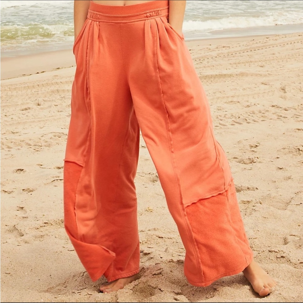 NWOT FP Movement Orange Rava Wide Leg Patchwork Terry Pants XS